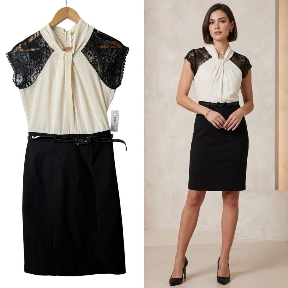 Y2K Bisou Bisou Colorblock Lace Sheath Dress Sz 8 Belted Cocktail Career Office